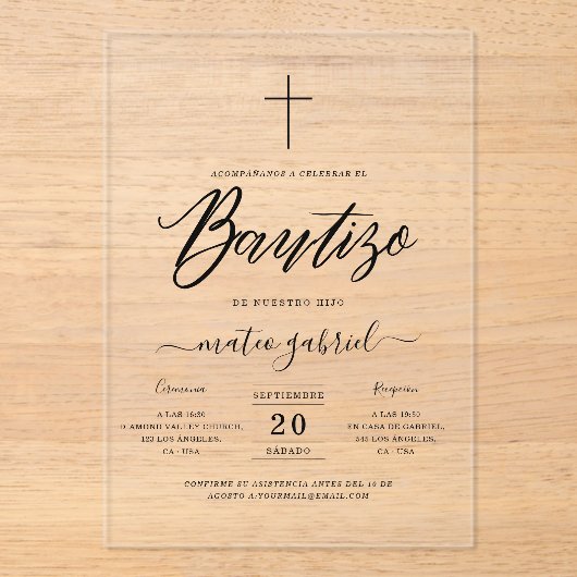 Elegant script Spaanse uitnodiging de Bautizo (Voorkant)