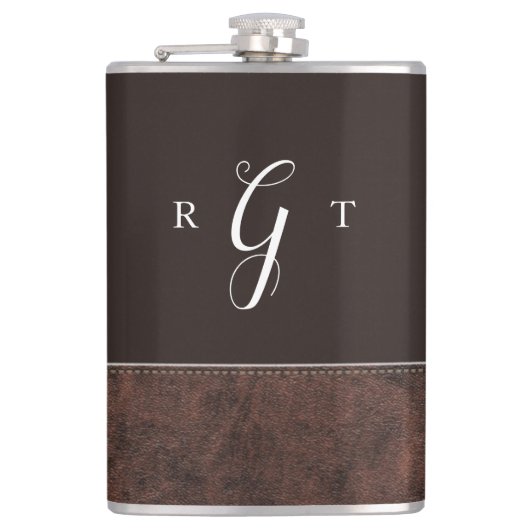 Elegant Script Speciaal Monogram bruin leder Heupfles (Voorkant)