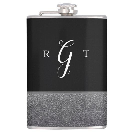 Elegant Script Speciaal Monogram grijs leder Heupfles (Voorkant)