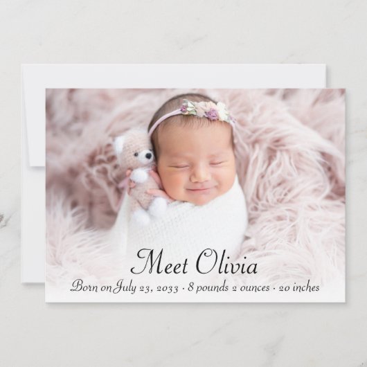 Elegant Script Stats Photo Collage Baby Girl Birth Aankondiging (Voorkant)