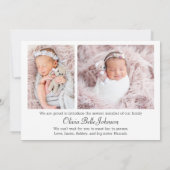 Elegant Script Stats Photo Collage Baby Girl Birth Aankondiging (Achterkant)