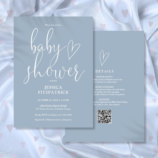 Elegant Script Stofblauw All-in-One Baby Shower Kaart