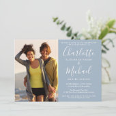 Elegant Script Stofblauw Foto Verlovingsfeest Kaart (Staand voorkant)