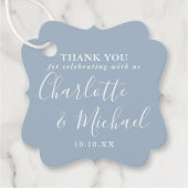 Elegant Script Stofblauw Trouw Dank Je Bedankjes Labels (Voorkant)