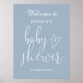 Elegant Script Stofblauwe Baby Shower Welkomstbord Poster (Voorkant)