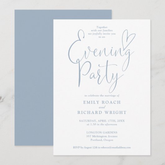Elegant script stoffig blauwe bruiloft avondfeest kaart (Voorkant / Achterkant)