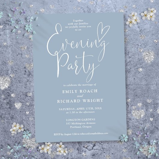 Elegant script stoffig blauwe bruiloft avondfeest kaart
