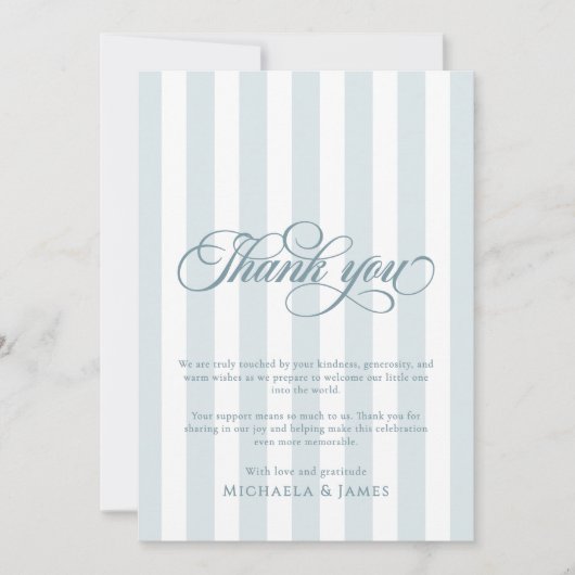 Elegant Script & Stripes Baby shower Bedankkaart (Voorkant)