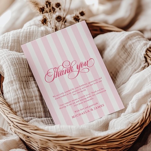 Elegant Script & Stripes Baby shower Bedankkaart