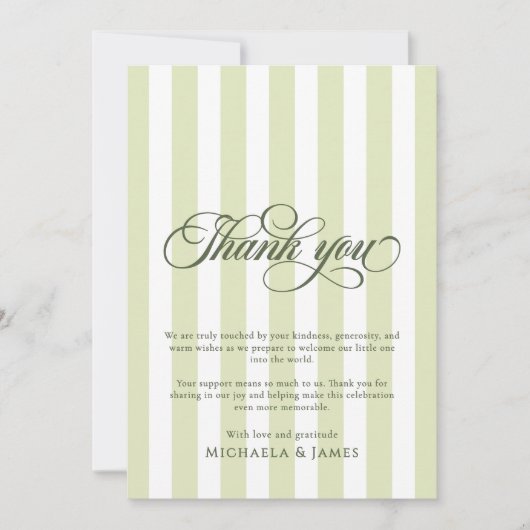 Elegant Script & Stripes Baby shower Bedankkaart (Voorkant)