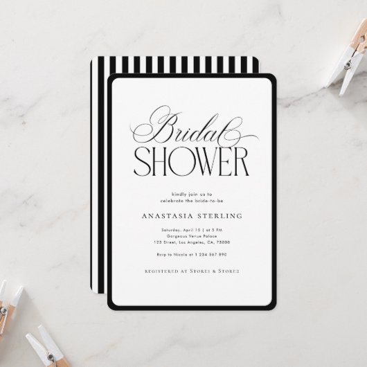 Elegant Script Stripes Black & White Bridal Shower Kaart (Voorkant / Achterkant in situ)