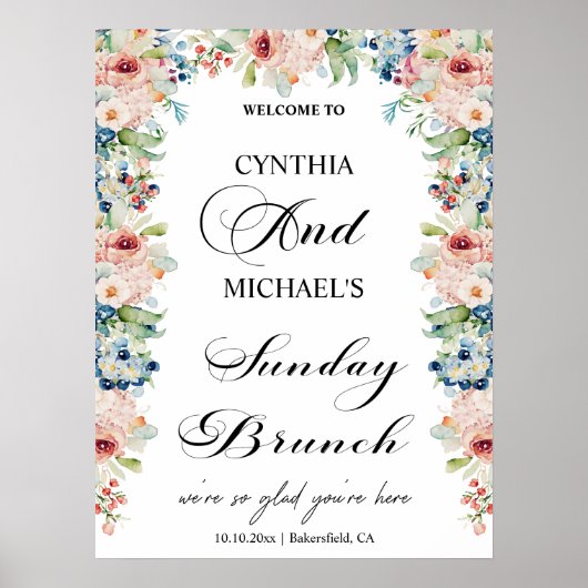 Elegant script 'Sunday Brunch' Wedding Floral Poster (Voorkant)