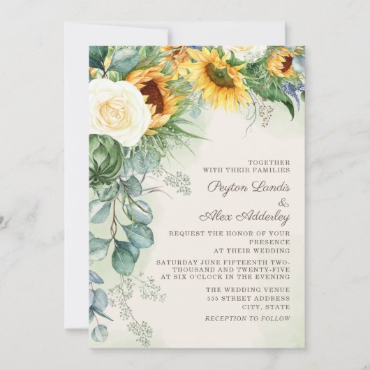 Elegant Script Sunflower Eucalyptus Weddenschap Kaart (Voorkant)