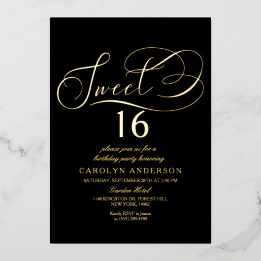 Elegant Script Sweet 16 Verjaardag Echt Folie Uitnodiging (Voorkant)