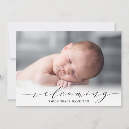 Elegant Script Sweet Welkome Foto geboorte Aankondiging (Voorkant)