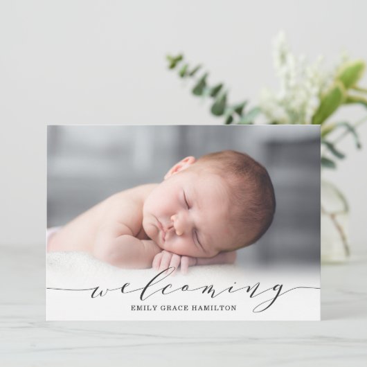 Elegant Script Sweet Welkome Foto geboorte Aankondiging (Staand voorkant)