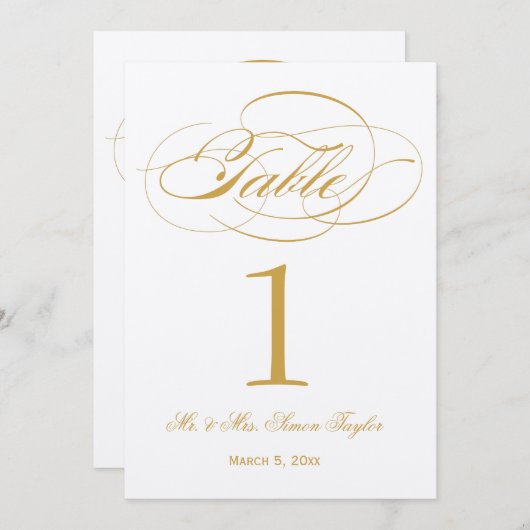 Elegant Script Table Number - Gold Kaart (Voorkant / Achterkant)