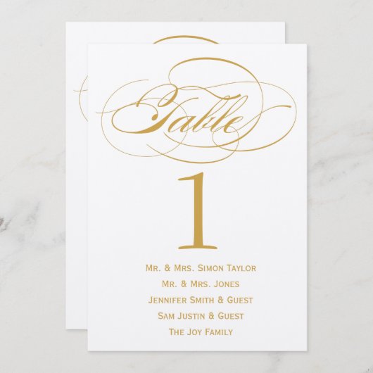 Elegant script tafelnummer met gasten - Goud (Voorkant / Achterkant)