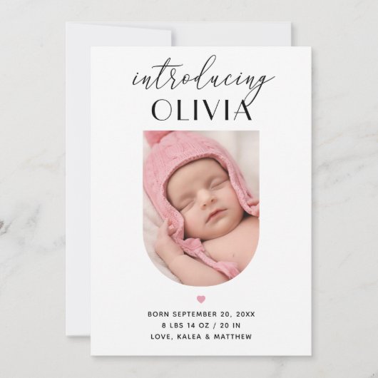 Elegant script ter introductie. Boog foto geboorte Aankondiging (Voorkant)