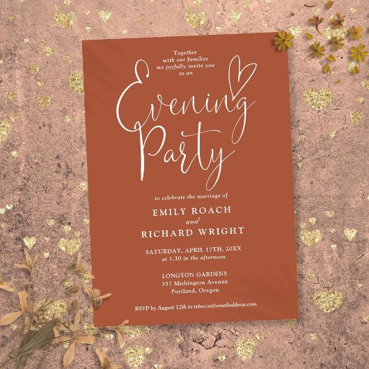 Elegant Script Terracotta Bruiloft Avondfeest Kaart