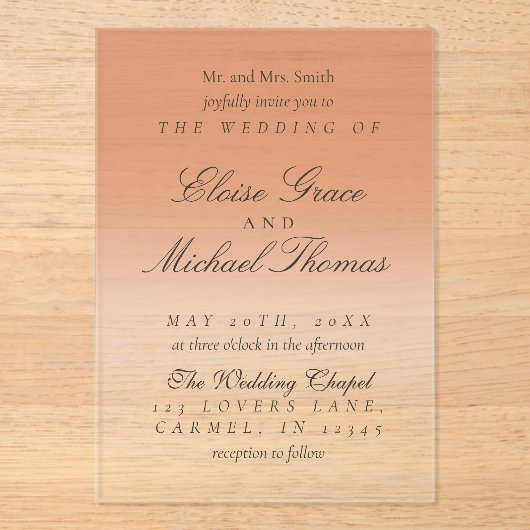 Elegant Script Terracotta Gradient Wedding Acryl Uitnodigingen (Voorkant)