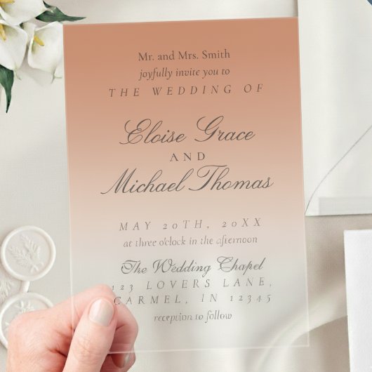 Elegant Script Terracotta Gradient Wedding Acryl Uitnodigingen