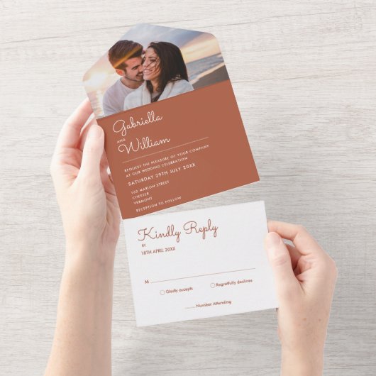 Elegant Script Terracotta Monogram Foto Trouwkaart All In One Uitnodiging (Afscheurbaar)