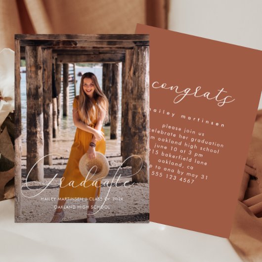 Elegant Script Terracotta Photo Graduation Party Kaart
