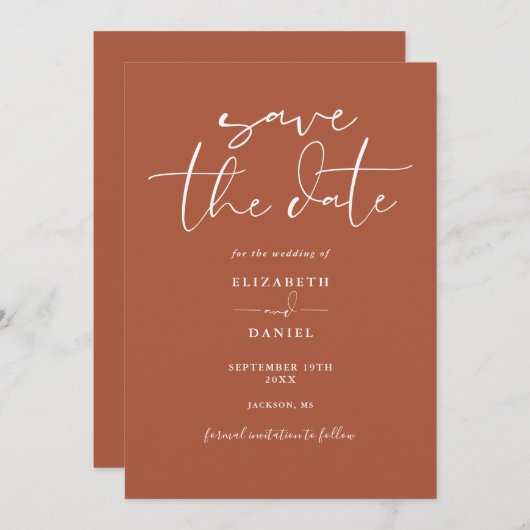 Elegant Script Terracotta QR Code Huwelijk Save The Date (Voorkant / Achterkant)