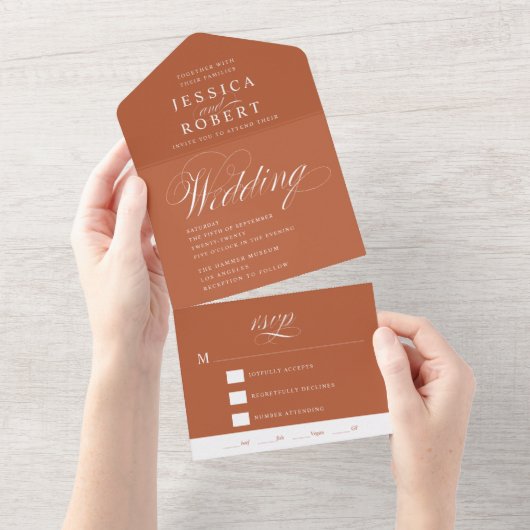 Elegant Script Terracotta Rust Calligraphy Wedding All In One Uitnodiging (Afscheurbaar)