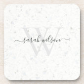 Elegant Script Terrazzo Stone Ivory Gray Monogram Bier Onderzetter (Voorkant)