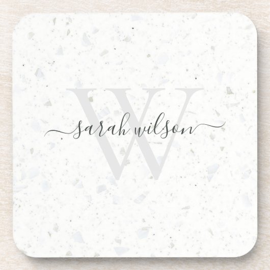 Elegant Script Terrazzo Stone Ivory Gray Monogram Bier Onderzetter (Voorkant)