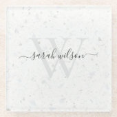 Elegant Script Terrazzo Stone Ivory Gray Monogram Glazen Onderzetter (Voorkant)