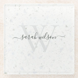 Elegant Script Terrazzo Stone Ivory Gray Monogram  Glazen Onderzetter