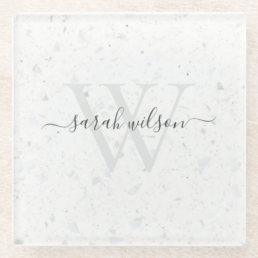 Elegant Script Terrazzo Stone Ivory Gray Monogram  Glazen Onderzetter (Voorkant)