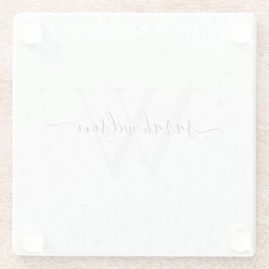 Elegant Script Terrazzo Stone Ivory Gray Monogram Glazen Onderzetter (Achterkant)