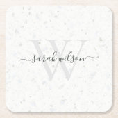 Elegant Script Terrazzo Stone Ivory Gray Monogram  Kartonnen Onderzetters (Voorkant)