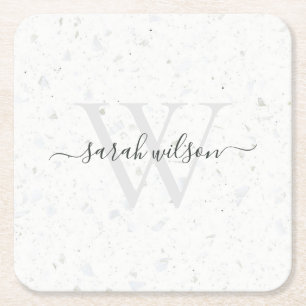 Elegant Script Terrazzo Stone Ivory Gray Monogram  Kartonnen Onderzetters