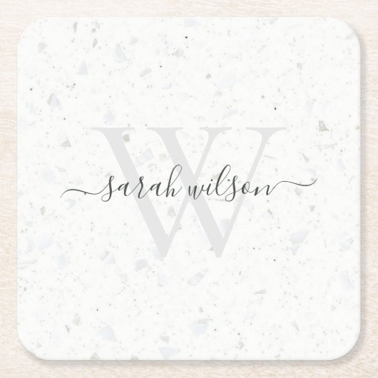 Elegant Script Terrazzo Stone Ivory Gray Monogram  Kartonnen Onderzetters (Voorkant)