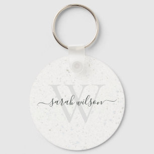 Elegant Script Terrazzo Stone Ivory Gray Monogram Sleutelhanger