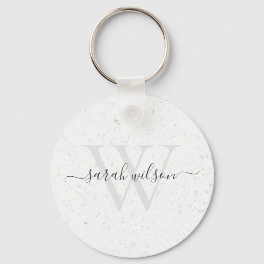 Elegant Script Terrazzo Stone Ivory Gray Monogram Sleutelhanger (Voorkant)