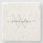 Elegant Script Terrazzo Stone Ivory Gray Monogram Stenen Onderzetter (Voorkant)