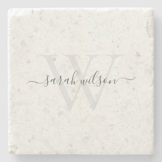 Elegant Script Terrazzo Stone Ivory Gray Monogram Stenen Onderzetter (Voorkant)