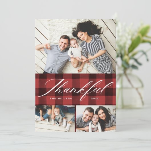 Elegant Script Thankful Photo Collage Thanksgving Feestdagenkaart (Staand voorkant)