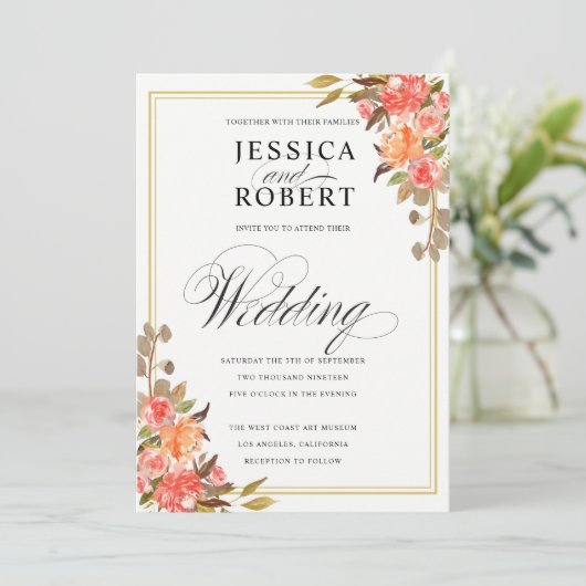 Elegant Script Touch of Floral Fall Bruiloft Kaart (Staand voorkant)