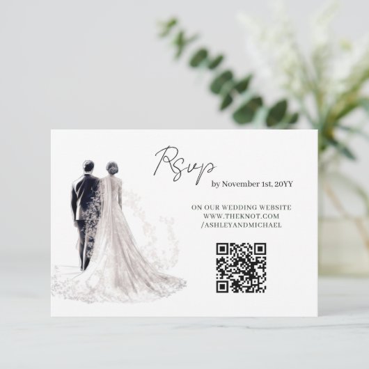 Elegant script Traditionele bruiloft QR-code RSVP Kaartje (Staand voorkant)