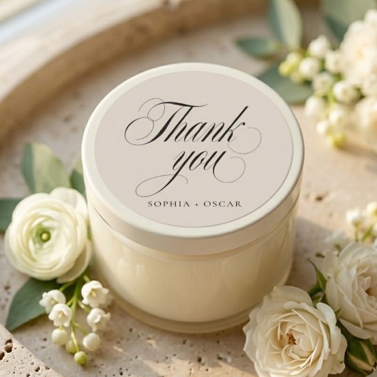 Elegant Script Trouw Dank Je Beige Ronde Sticker