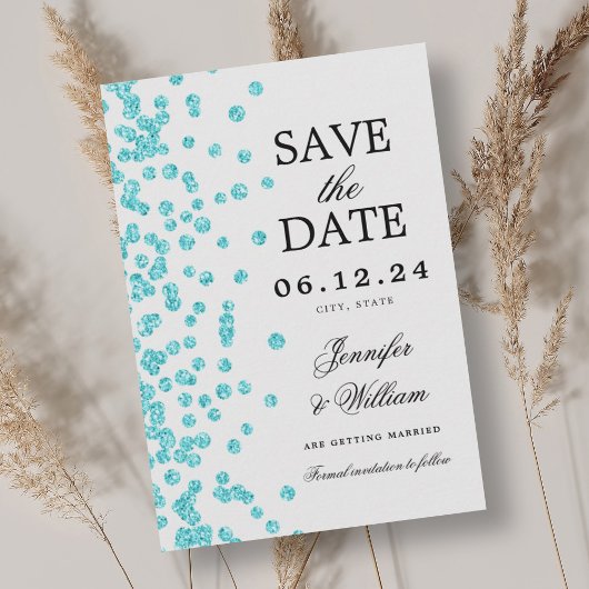 Elegant Script Trouwen Confetti Turquoise Save The Date