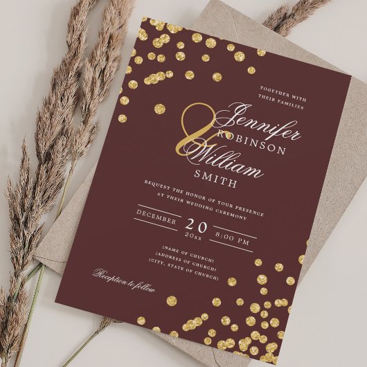 Elegant Script Trouwen Goud Confetti Bourgogne Kaart