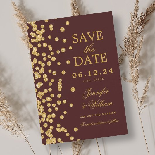 Elegant Script Trouwen Goud Confetti Bourgogne Save The Date